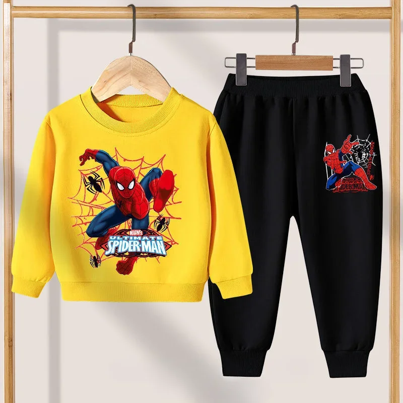 Disney-sudaderas informales para niños pequeños, ropa de dibujos animados, jerseys con cuello redondo, pantalones con estampado de Spiderman, chándales de manga larga de 2 piezas