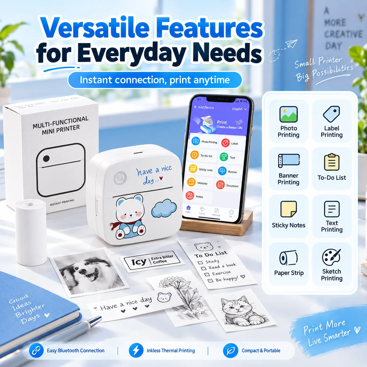 Mini thermal printer, Bluetooth connection, ink-free and portable, and label photos can be printed at will.