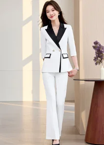 Two-piece set of medium-sleeve color-contrasting small suit jacket and women's pants, new cross-border professional clothing