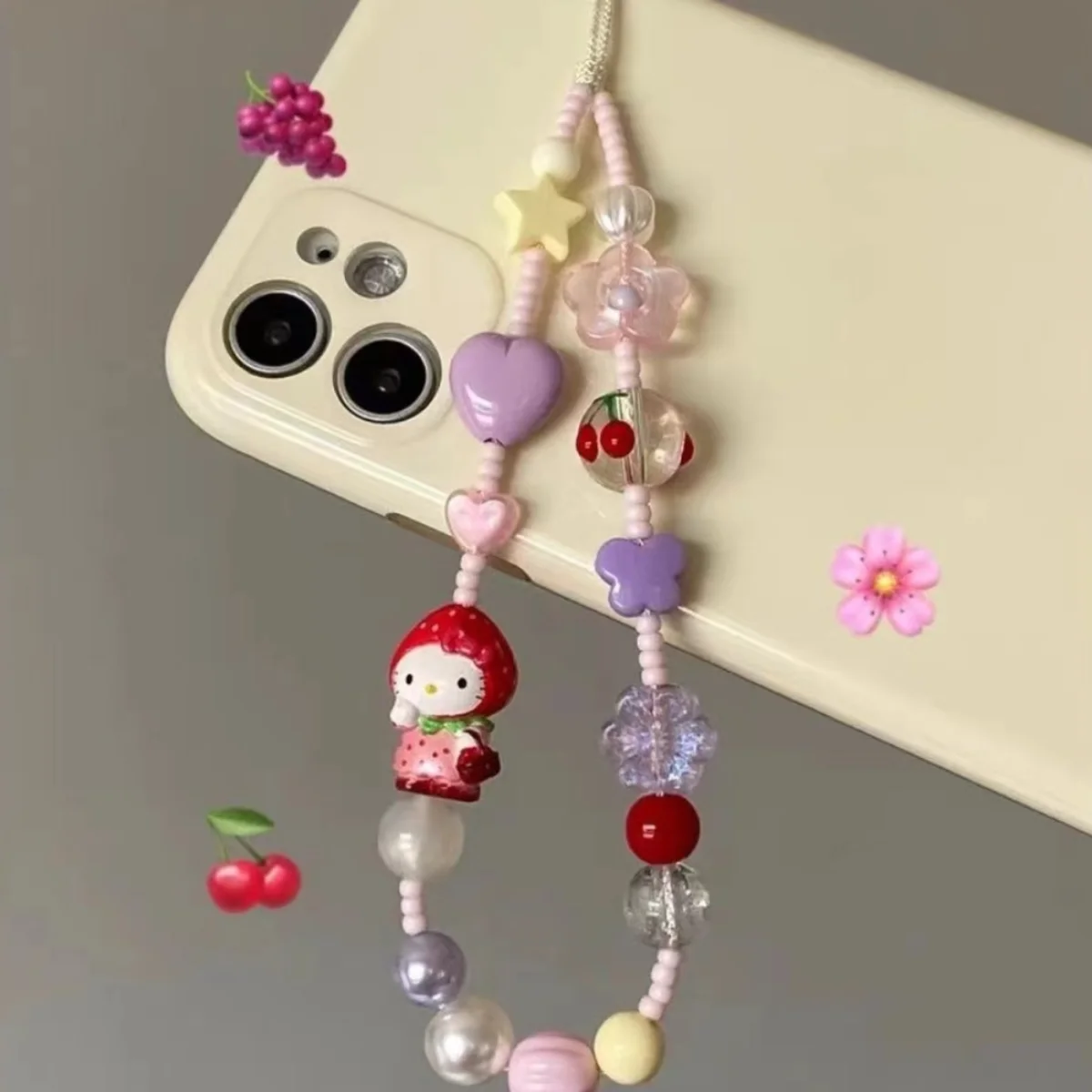 2024 New Hello Kitty Strawberry Head Mobile Phone Chain Anime Sanrio Original Design Pink Purple Cute Girl Hanging Decoration