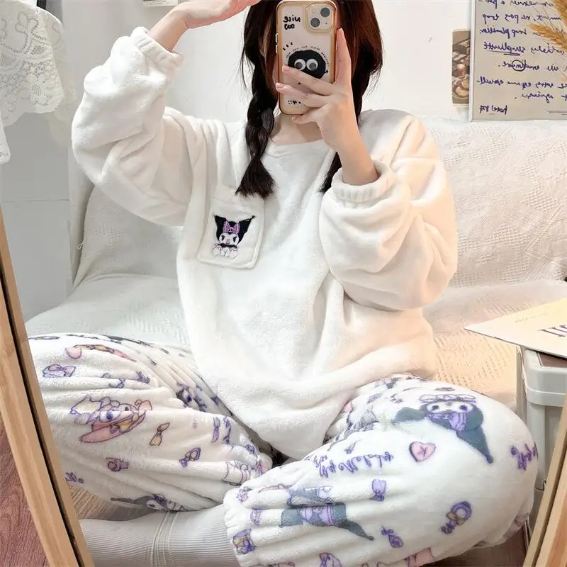 حار أنيمي مرحبا كيتي المرأة منامة Sanrios Kuromi الكرتون الحلو Kawaii نمط طويل الأكمام السراويل مجموعات الملابس المنزلية النسائية