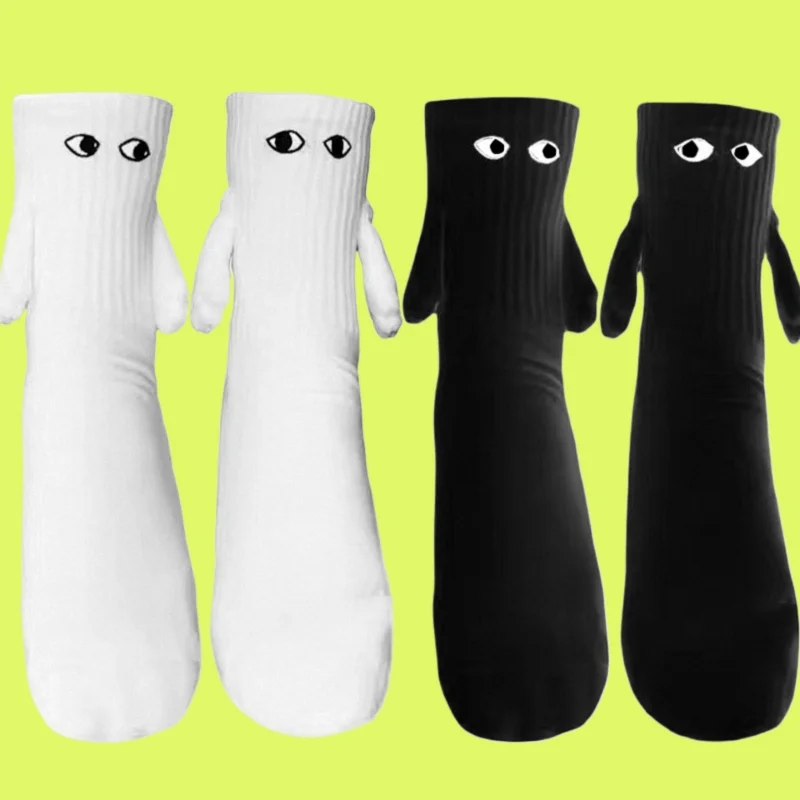 

1 Pair Summer Women's Comfort Breathable Socks Funny Creative Magnetic Attraction Hands Black White Cartoon Eyes Couples Socks