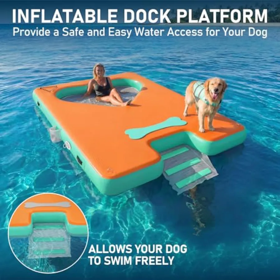 Multi-People Inflatable Floating Dock for lakes, pools, boats; heavy-duty PVC material; gray color; extra-large 10x6FT size wit