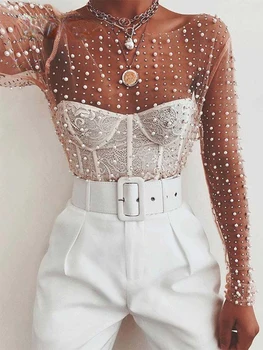 2023 여성 투명한 오-넥 긴 소매 섹시한 레이스 메쉬 셔츠 클럽 파티 탑 숙녀 봄 진주 구슬 블라우스 Blusas