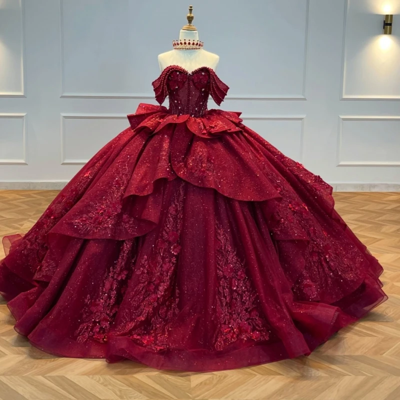 Red Glitter Quinceanera Dresses Off Shoulder Ball Gown Sweet 16 Dress Applique Lace Beading Bow Tull Party Birthday vestidos 15