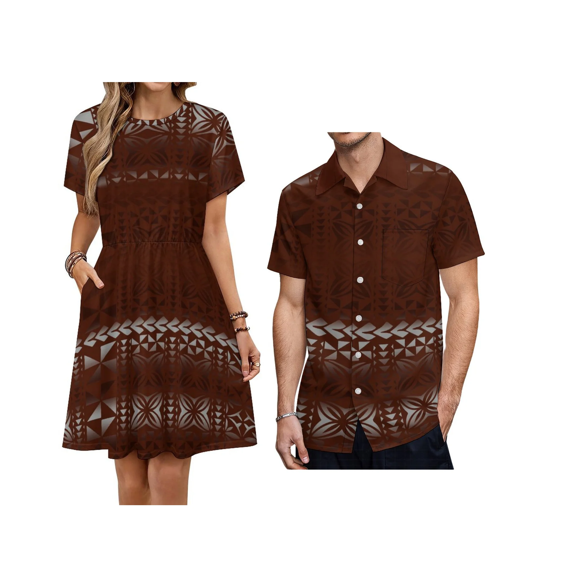 Nieuw ontwerp op maat Hawaii print dame korte mouw ronde hals knielengte galajurk match Aloha heren shirts koppels kleding 2 stuks