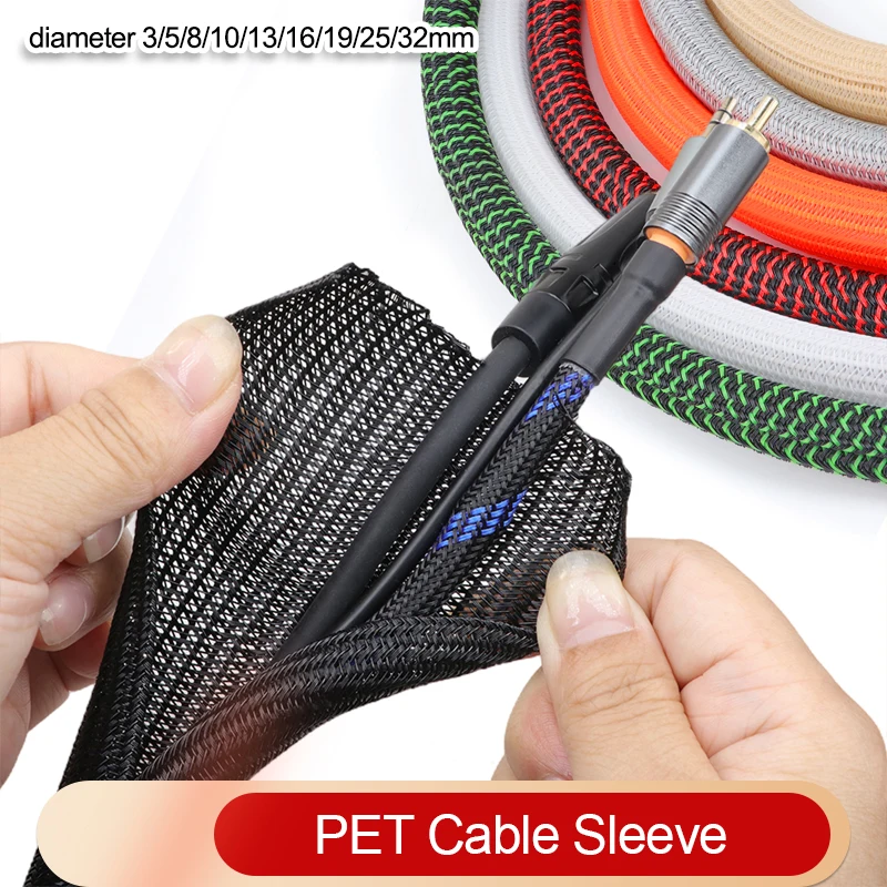 3/5/10m PET Self-Closing Braided Sleeve Expandable Open Cable Sleeve Wire Harness Protector Auto PC Cable Management Tube