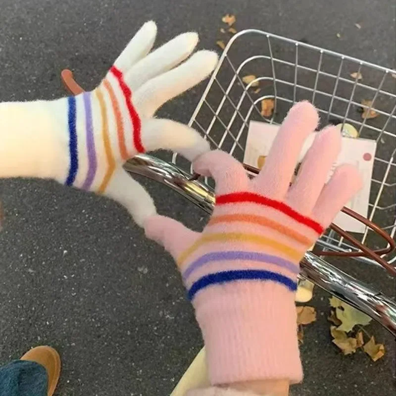 Rainbow Striped Knitted Gloves Winter Women Men Warm Soft Comfortable Gloves Cute Sweet Small Openings Gloves Fashion Accessory