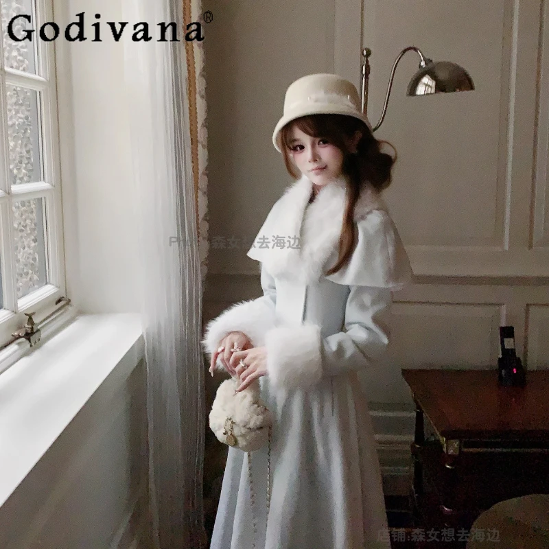 Warm Winter Long Woolen Coat with Fur Collar Female Original New Japanese Style Gentle Lolita Overcoat Women Lolita Wool Coat