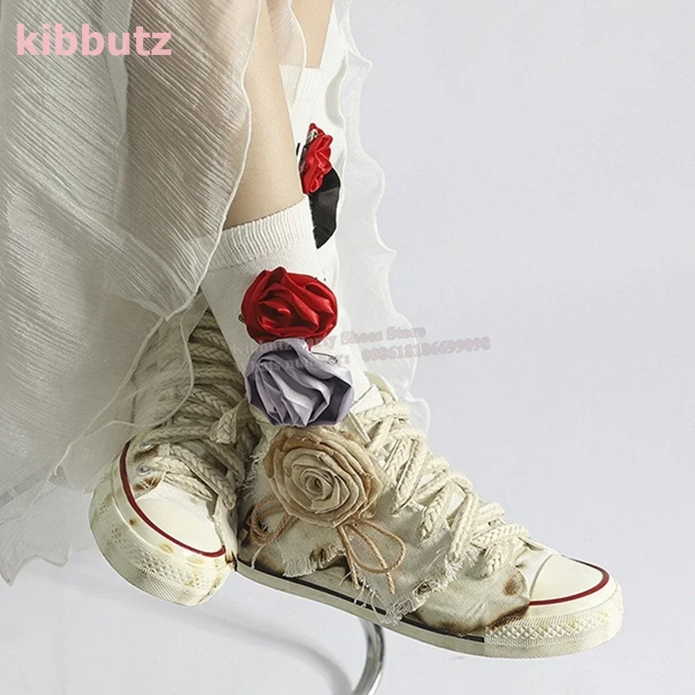 

Hand Painted Rose Burning Canvas Sneakers Round Toe Thick Bottom Lace-Up Novelty Vintage Fashion Concise Shoes Newest Large Size