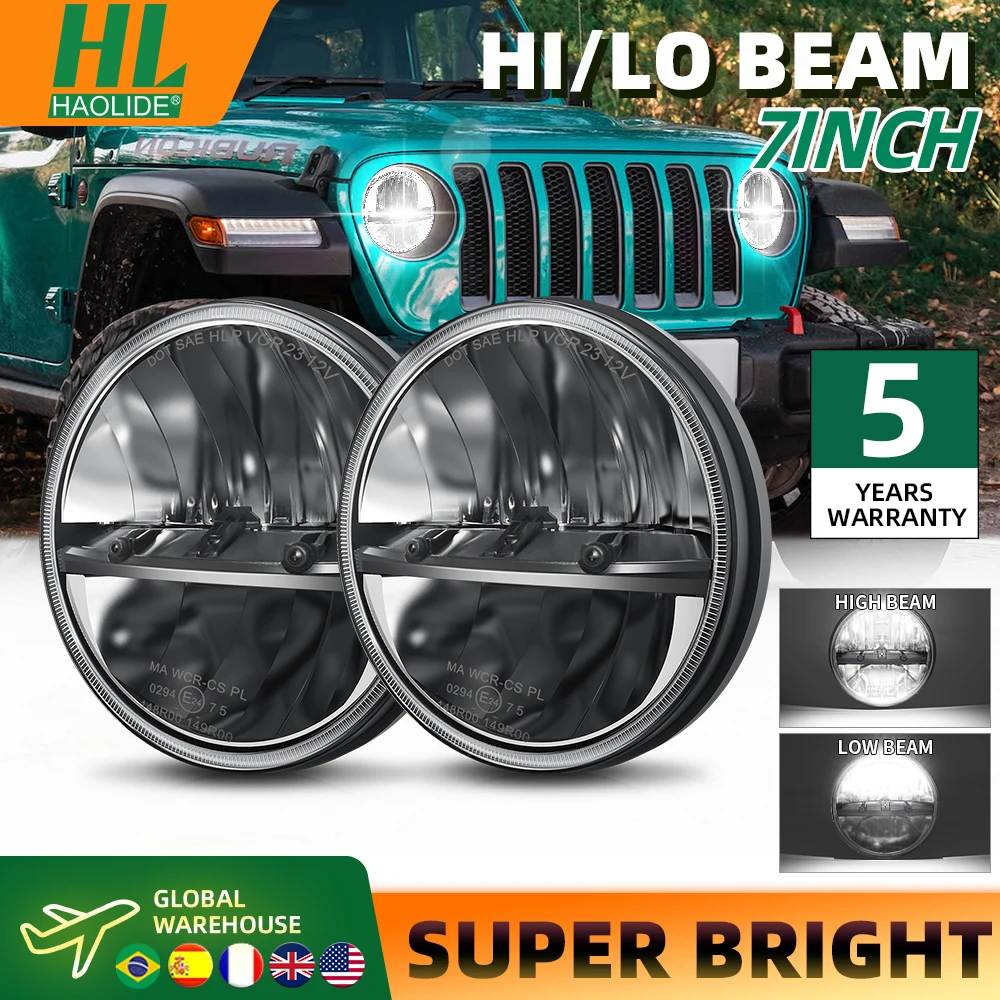 Image of HAOLIDE 7 Zoll LED-Scheinwerfer Kaltweiß Fern- und Abblendlicht Plug-and-Play Kompatibel mit Jeep Wrangler JK TJ CJ Truck SUV 12V 24V