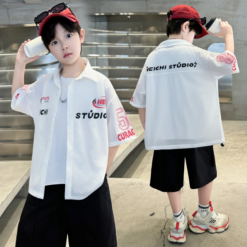 Korean Boy y2k Gothic Short Sleeve Hip Hop Harajuku Black White Shirt Kids Fashion Design Hiphop Rapper Dance Clothes Outfit