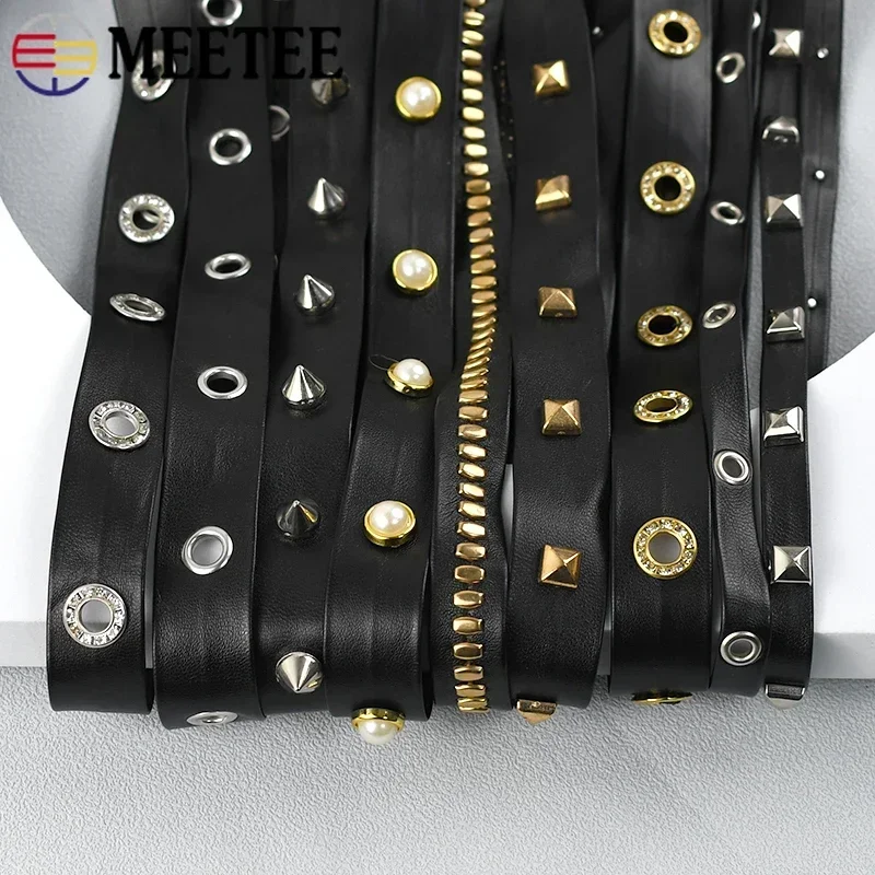 2-50M Meetee 10-20mm Black Rivet PU Leather Ribbon Tape Rope Bag Strap Bracelet Cord Band Belt Decorative DIY Sewing Accessories