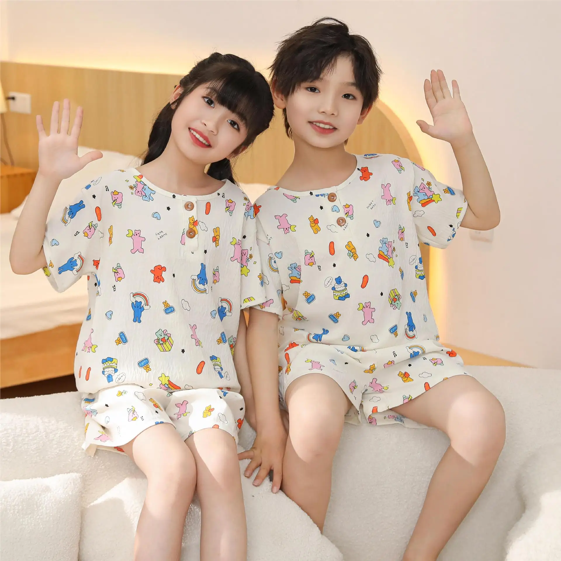 Children\'s Pajamas Homewear Set Girls Boys Summer Short-Sleeved Round Neck Pullover Comfortable Skin-Friendly Cute Homewear Set