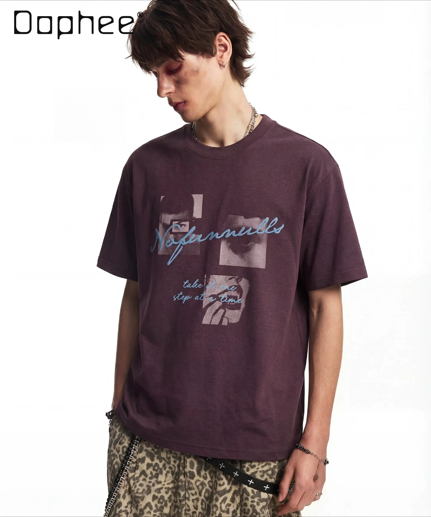 

2026 Summer New American Retro Style Men's Black Purple White Portrait Letter Print Round Neck Short Sleeve T-shirt