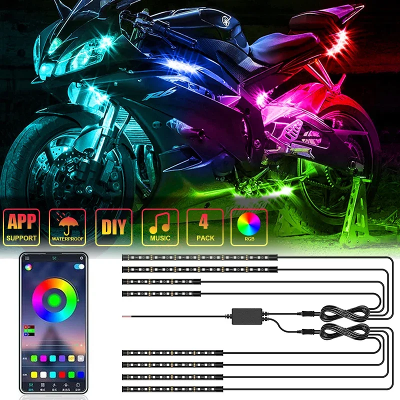 12V Moto Decorative Lamp Strip RGB APP LED Motorcycle Car Atmosphere Foot Light Remote Control Flexible Waterproof Sound Control