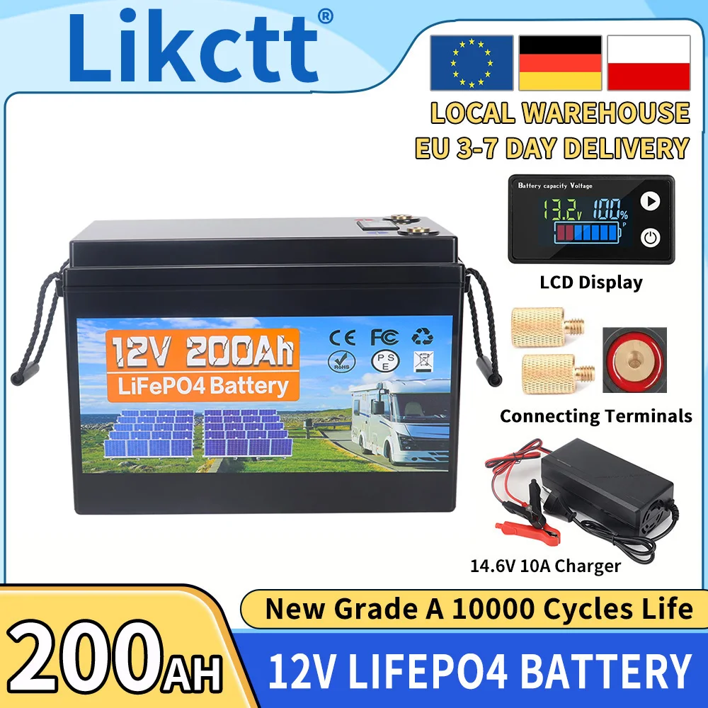 12V 200Ah LiFePO4 Batterij met ingebouwde 100A BMS, 10000 cycli, Grade A Lithium IJzer Fosfaat cel voor kamperen, varen, vissen, EU voorraad, belastingvrij