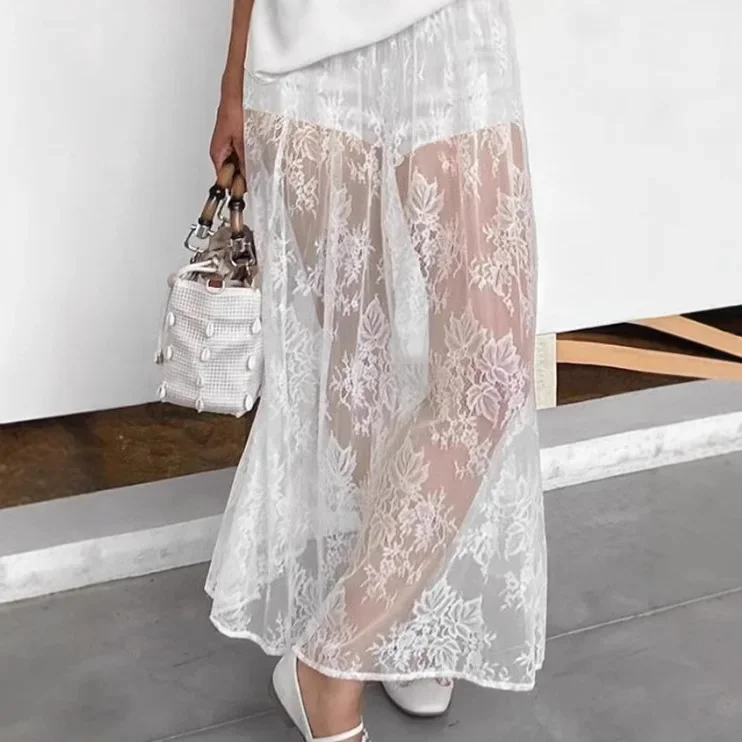 مثير منظور تنورة دانتيل المرأة الربيع والصيف مزاجه الأبيض عالية الخصر ألف على شكل تنورة طويلة الملابس النسائية بالجملة #4