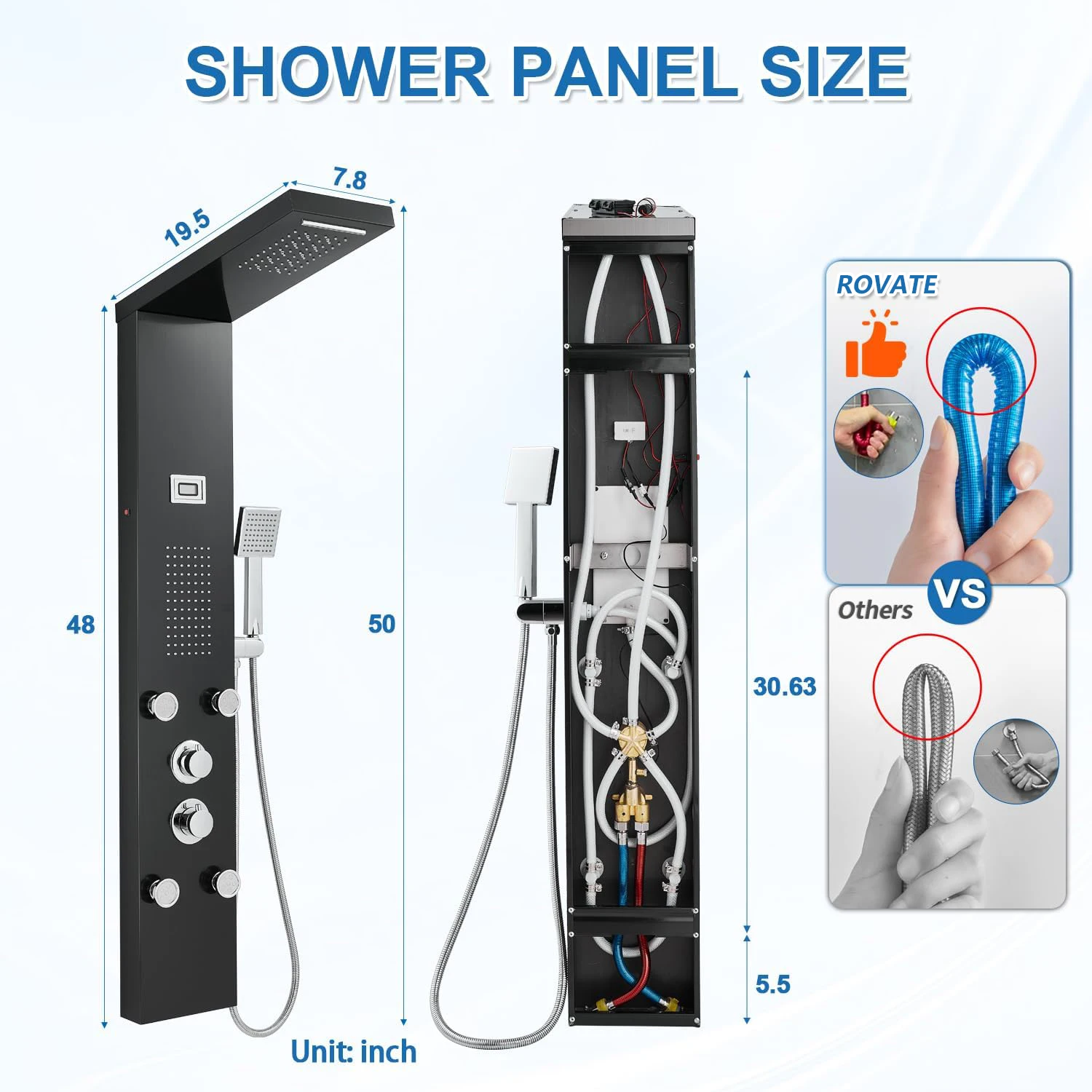 ROVATE Shower Panel System Led Lights Rainfall Waterfall Stainless Steel 5 Body Jets Handheld Water Powered Led Tower Column