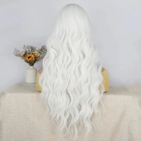 White Synthetic Wig for Women Long Lace Curly Wavy Cute Wigs Middle Part Hair Wigs Halloween Cosplay Daily Party Wigs 28 inch