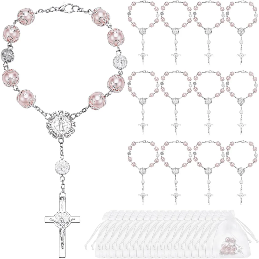 10/5 sets de rosarios de dedo de cristal rosa y acrílico color marfil con bolsas de organza para bautizos, Pascua, bodas, recuerdos de fiesta, regalo para damas de honor
