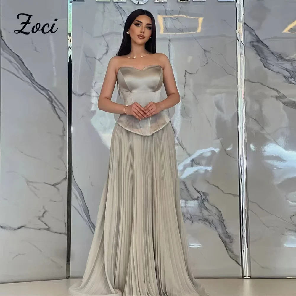 

Zoci Elegant Silver A Line Evening Gowns Customized Satin Pleats Women Prom Dresses Formal Occasion Special Party Birthday Dress