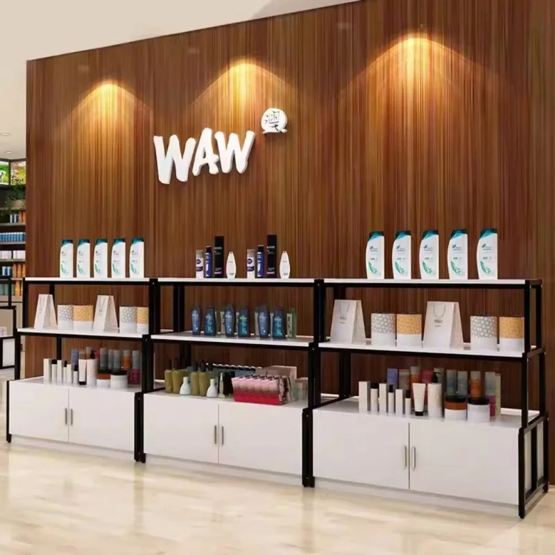 Expositor Personalizado de Madera y Metal, Gabinete Bajo, Estantería Góndola, Isla de Exhibición para Cosméticos, Comestibles, Juguetes y Tiendas