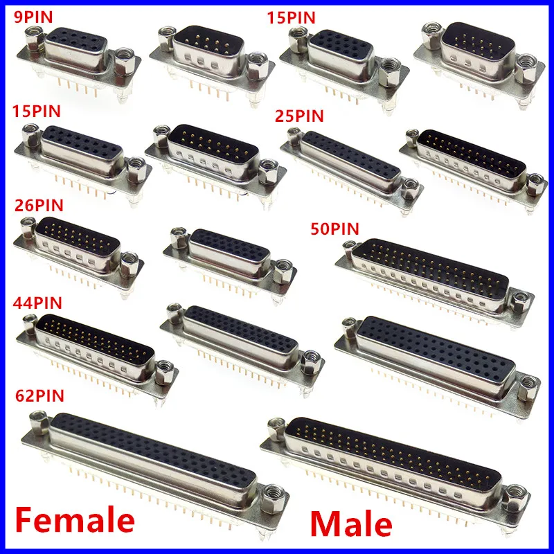 1PCS DB9 DB15 DB25 DB37 Spille Dritto 180 Gradi Maschio Femmina Connettore D-sub Montaggio SU CIRCUITO STAMPATO Connettore DP9 DP15 DP25 DP37 DB44