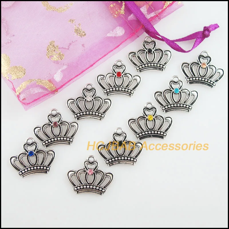 Fashion 20Pcs Tibetan Silver Plated Retro Crown Mixed Crystal Charms Pendants 18x22mm