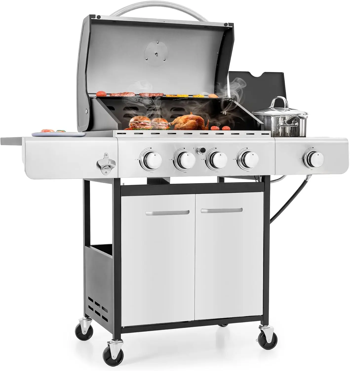 BBQ Grill with Side Burner &  Iron Grates, Output Stainless Steel Grill for Outdoor Cooking Kitchen and Patio Backyard Barbecue