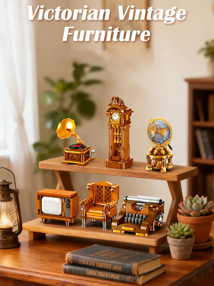 Retro-Deko-Bausteine: Fernseher, Schreibmaschine, Sofa, Globus, Grammophon, Pendeluhr – Modellbausteine für Kinder als Geschenke – Detail 1