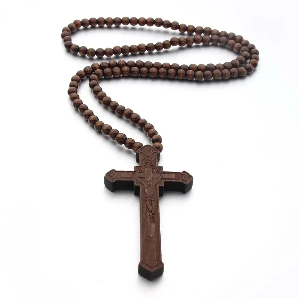 Cross Jesus Wood Necklace Pendant for Men Woman Wooden Beads Carved Long Rosary Catholic Necklaces Male Jewelry