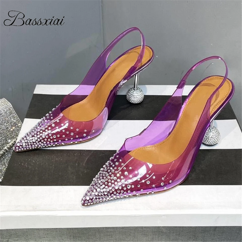 

Luxury Diamond Rhinestone Sandals Women Sexy Pointed Toe PVC Transparent Crystal Jeweled Strange Heel Party Shoes Summer