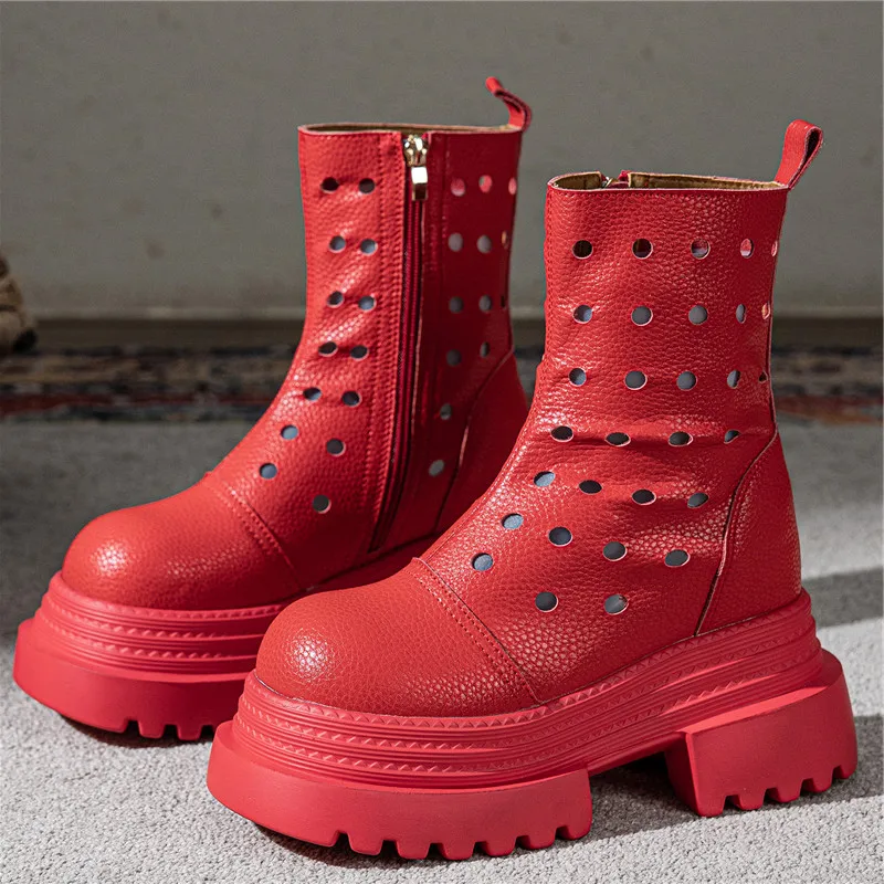 

New Women Shoes Luxury Genuine Leather Hollow Out Summer Boots for Woman Fashion Platform Ankle Boots Designer Shoes Botas Mujer