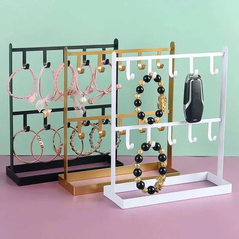 

2-Tier Jewelry Organizer Stand with Hooks and Tray, Metal Earring Necklace Holder Display Rack for Dresser Vanity