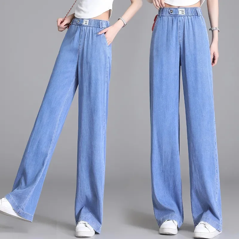 Ice Silk Denim Wide Leg Pants Women's Summer Elastic High Waist Thin Jeans Female Casual Loose Straight Denim Pants Trousers 4XL