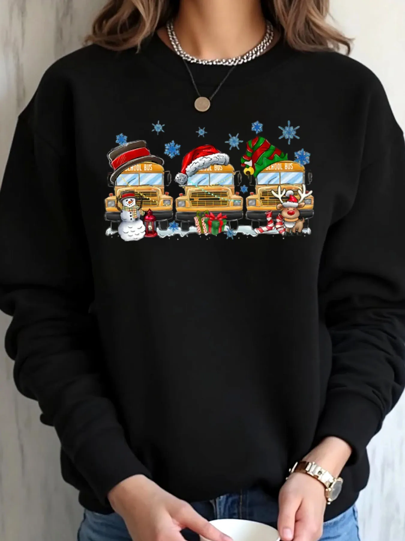 Sweater Wanita Ukuran Besar Motif Natal Bus Sekolah Manusia Salju Rusa untuk Pakaian Luar Ruangan