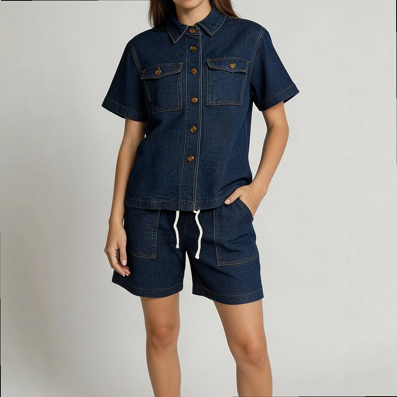 Women's Denim Matching Set: Retro Loose Casual Shirt & Pants, Turn-Down Collar, Elastic Waist, Pockets, Spring Summer Outfits