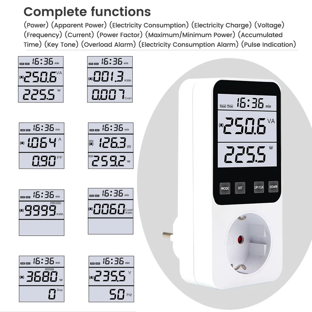 EU Plug AC Power Meter Socket 220V Digital Voltmeter Wattmeter Consumption Watt Energy Meter Electricity Cost Analyzer Monitor