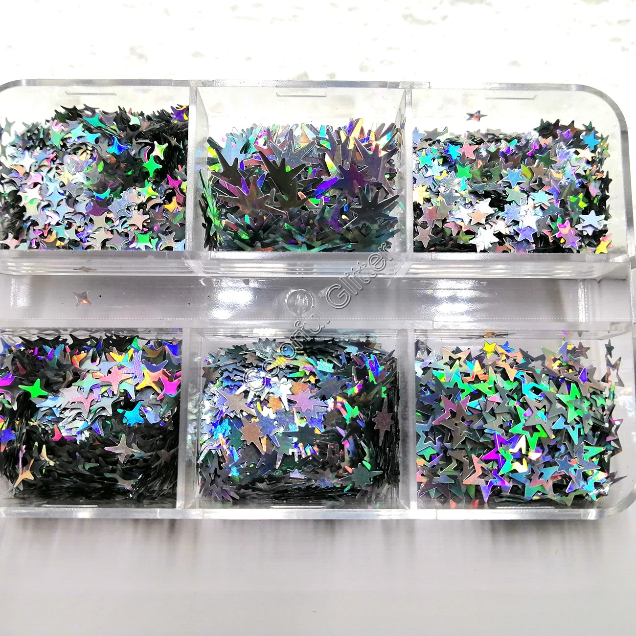 Decoración holográfica de plata octogonal, mezcla de purpurina, Estrella hueca, lentejuelas gruesas, forma de escama, pintura facial, arte de uñas, maquillaje corporal, bricolaje, 6 cuadrículas