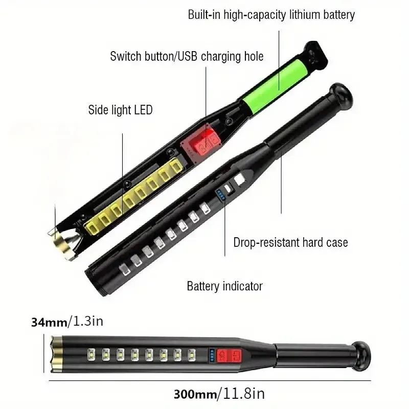 High Power USB Rechargeable Flashlight Baseball Bat For Outdoor Fishing Camping Patrol - ABS Plastic Material, COB Torch