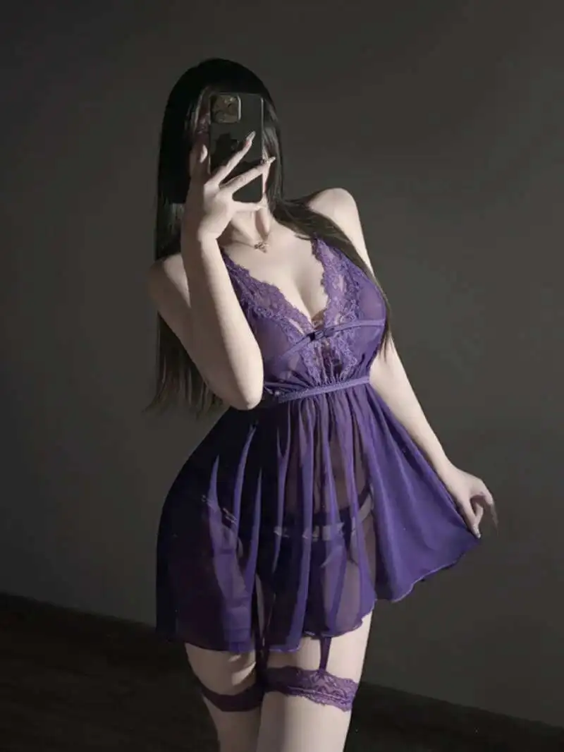 Charme Sexy Lila Unterwäsche Spitze Versuchung Schlafen Tank Mini Kleid Süße Koreanische Frauen Sexy Neue Jahr Lila Kleid Elegante YQL4