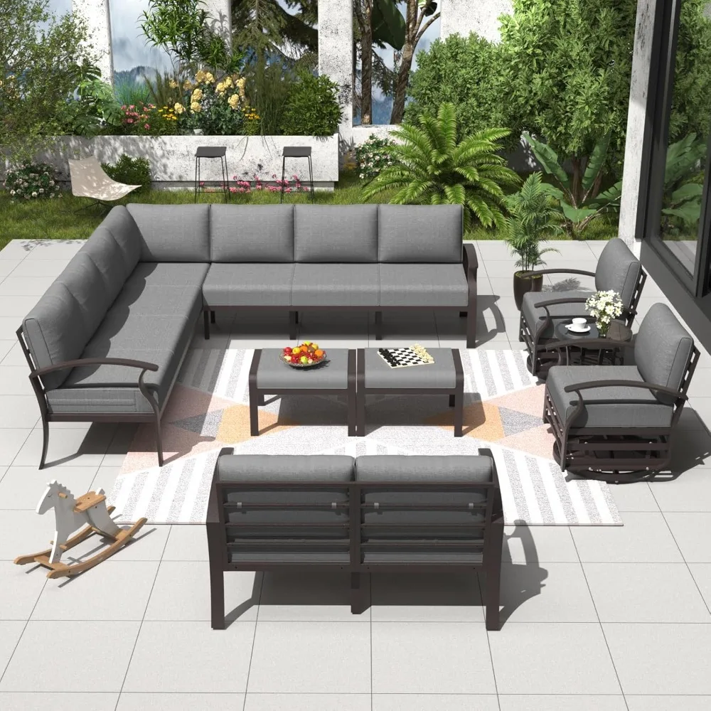 Aluminum Patio Furniture Set with 2 Swivel Chairs L-Shaped Sofa Set 13-seat Metal Outdoor Furniture Patio Conversation