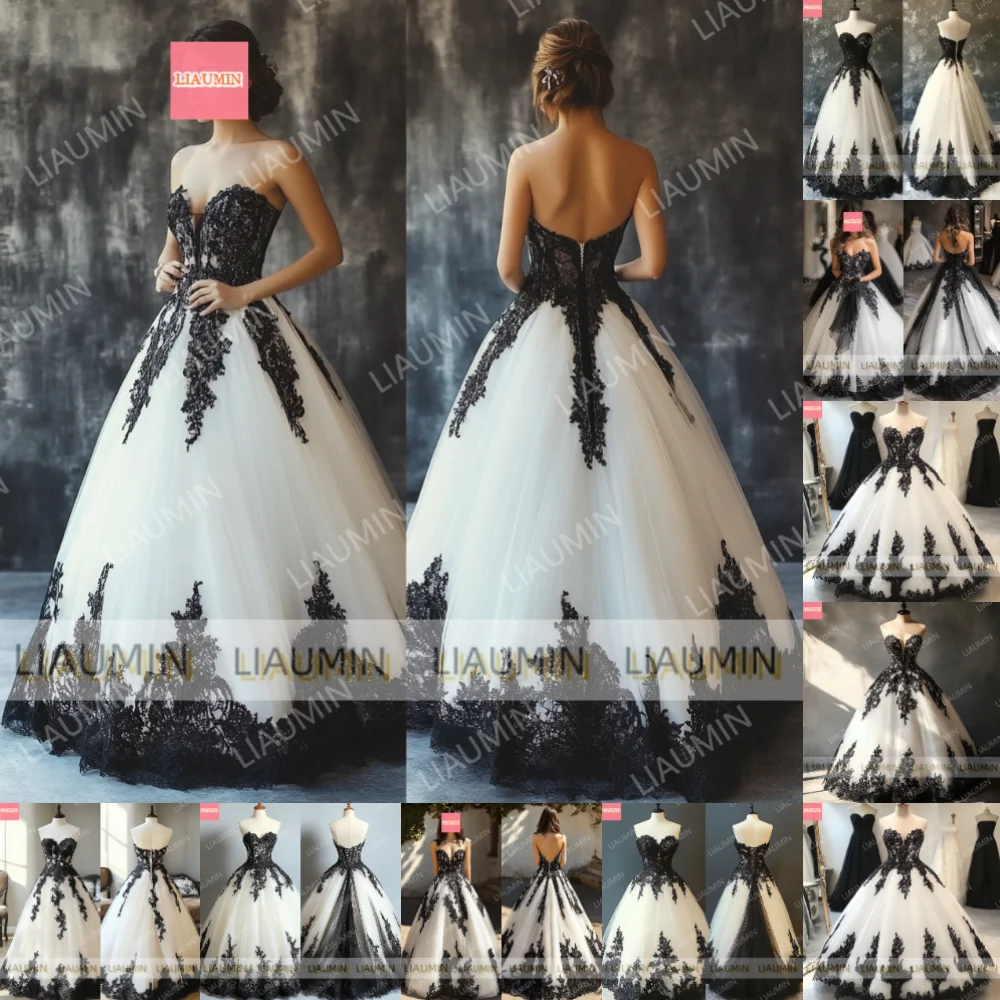 New White Tulle Black Lace Applique Ball Gown Lace Up Back Full Length Evening Formal Princess Prom Dresses  Customized W18-3