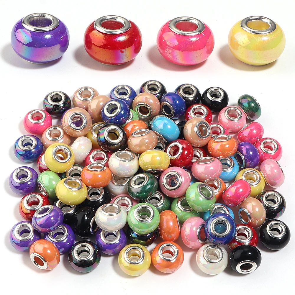 20pcs/lot 14mm AB Plated Large Hole Resin Beads Imitation Ceramic Loose Spacer Bead DIY Bracelet Jewelry Making Accessories