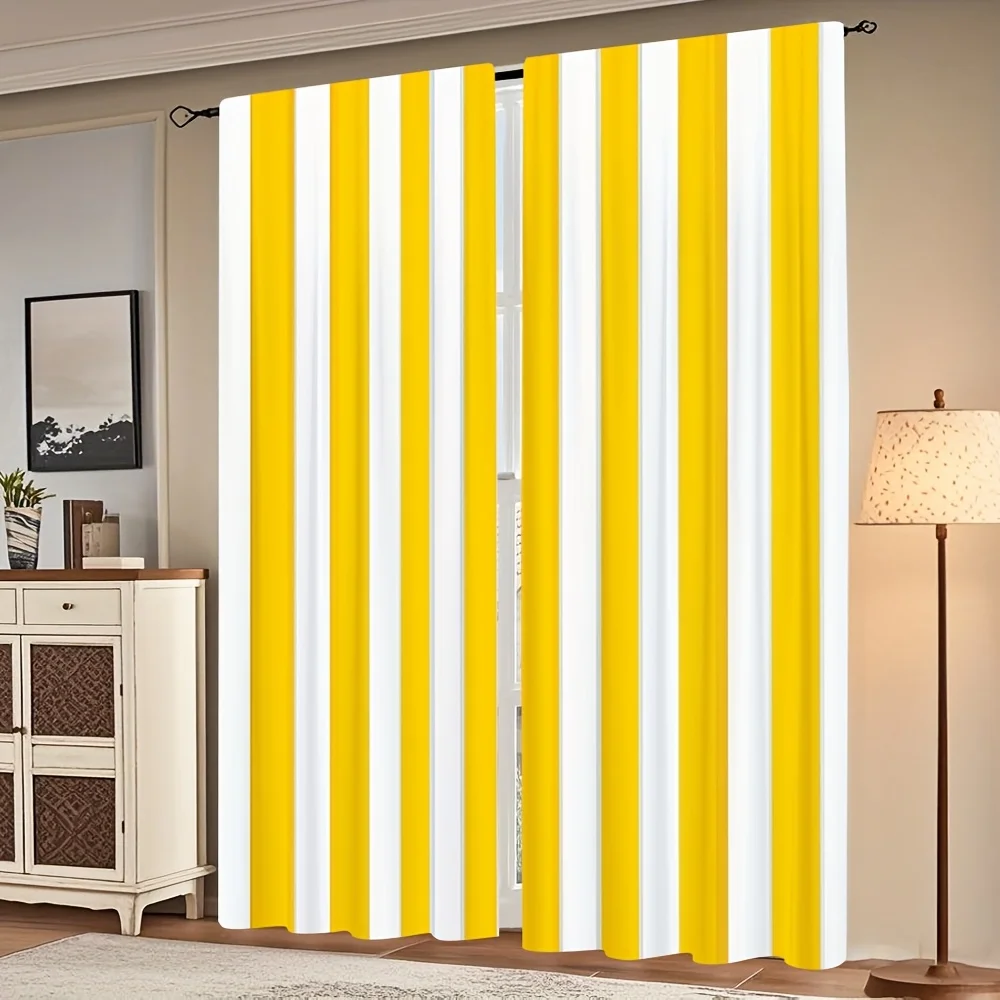 

Set of 2 Yellow And White Striped Door Drapes - Modern Design Without Poles, Washable Polyester Suitable for Living Areas, Bedro