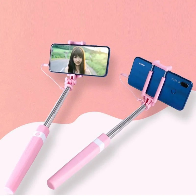 Mini Wire Controlled Selfie Stick Pink/Blue/Black Suitable for Android 3.5mm/Type-c Selfie Stick Shrinkage 18cm Stretch 72cm