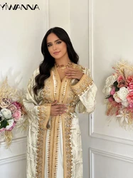 Golden Appliques Prom Dress Muslim Satin Cocktail Gown Luxury Crystal Moroccan Caftan Evening Dress Customized Robe De Mariée