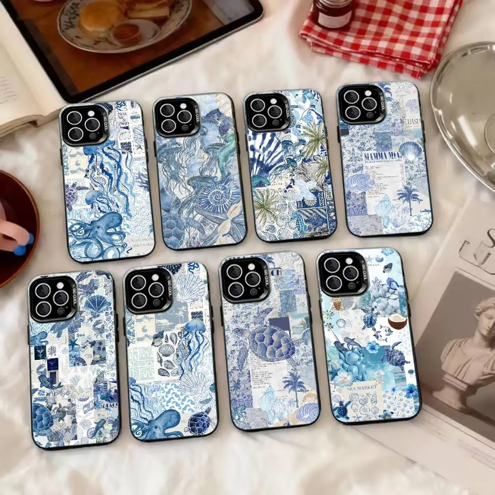 Ocean Creative Pattern Phone Case For iPhone 17,16,15,14,13,12,11 Plus,Pro Max,XS,Colorful Silver Phone case Funda Cover