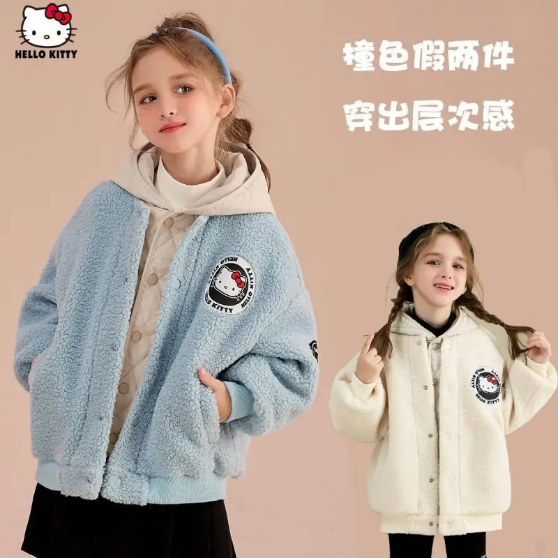 Kawaii Hello Kittys Girls' Polar Fleece Jacket New Sanrioed Winter Children's Cartoon Warm Jacket Velvet Thickened Tops Outwear